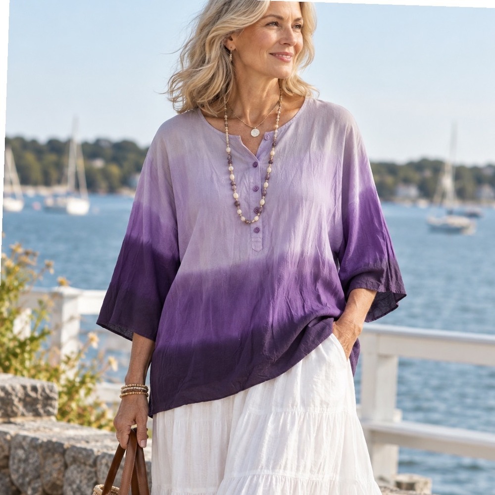 Wonder Wear Henley Tunic Women XL Purple Ombre Cotton Boho Lagenlook Top